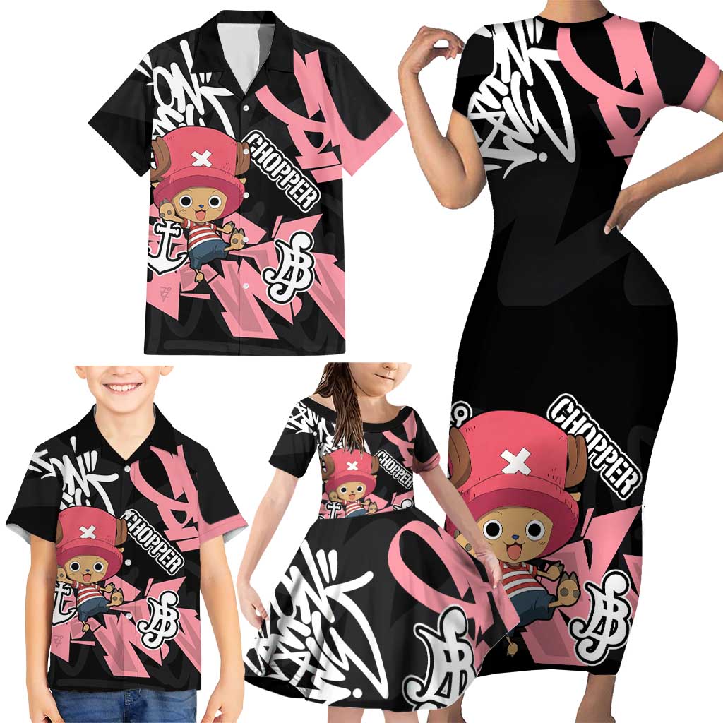 Tony Tony Chopper One Piece Family Matching Short Sleeve Bodycon Dress and Hawaiian Shirt Graffiti Street Art Anime Collage