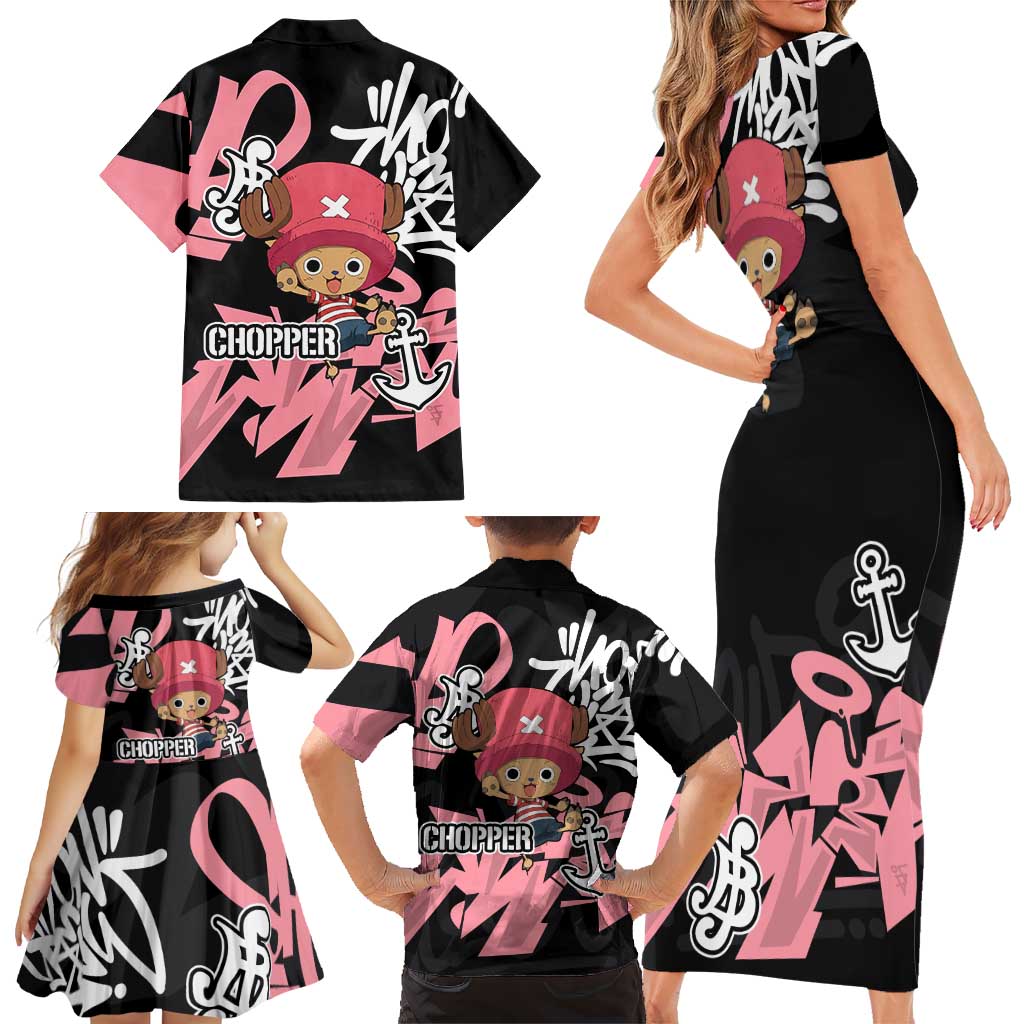 Tony Tony Chopper One Piece Family Matching Short Sleeve Bodycon Dress and Hawaiian Shirt Graffiti Street Art Anime Collage