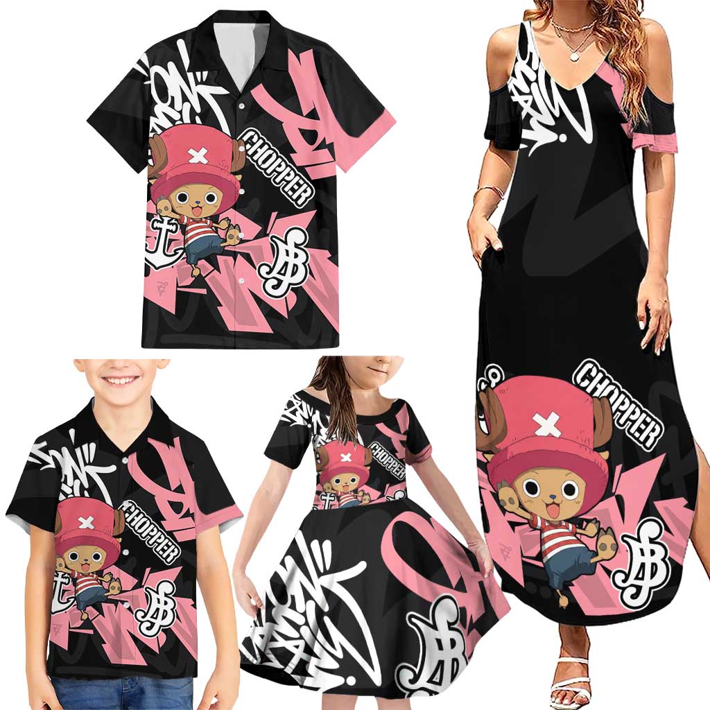 Tony Tony Chopper One Piece Family Matching Summer Maxi Dress and Hawaiian Shirt Graffiti Street Art Anime Collage