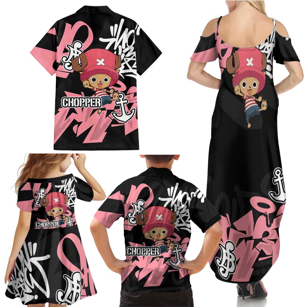Tony Tony Chopper One Piece Family Matching Summer Maxi Dress and Hawaiian Shirt Graffiti Street Art Anime Collage
