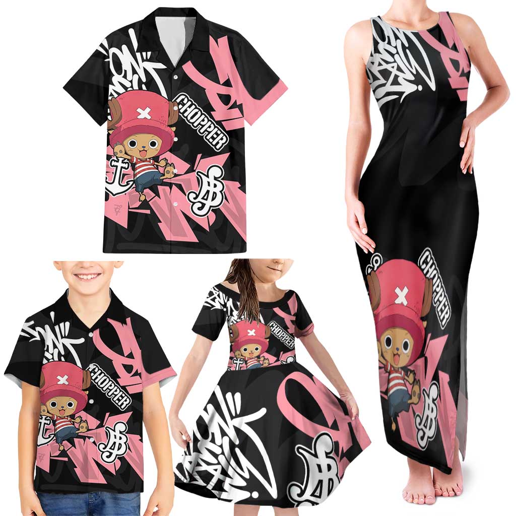 Tony Tony Chopper One Piece Family Matching Tank Maxi Dress and Hawaiian Shirt Graffiti Street Art Anime Collage