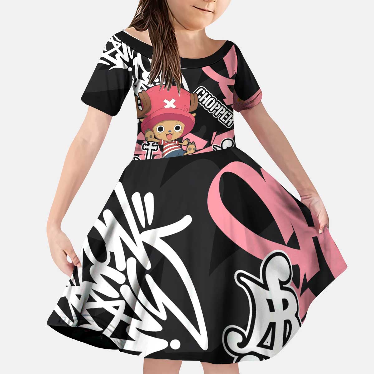 Tony Tony Chopper One Piece Kid Short Sleeve Dress Graffiti Street Art Anime Collage