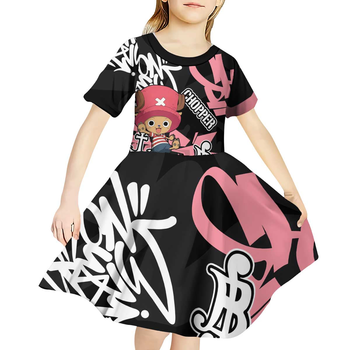 Tony Tony Chopper One Piece Kid Short Sleeve Dress Graffiti Street Art Anime Collage
