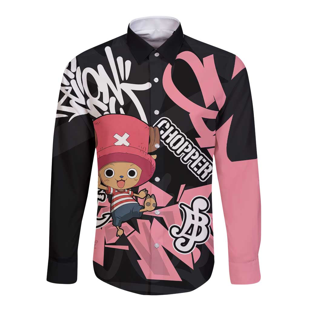Tony Tony Chopper One Piece Long Sleeve Button Shirt Graffiti Street Art Anime Collage