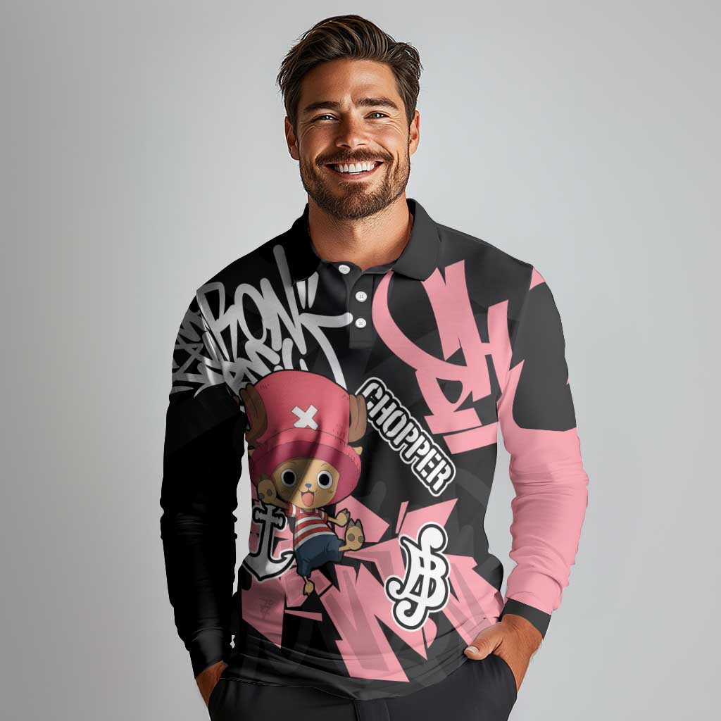 Tony Tony Chopper One Piece Long Sleeve Polo Shirt Graffiti Street Art Anime Collage