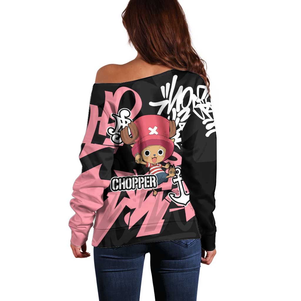 Tony Tony Chopper One Piece Off Shoulder Sweater Graffiti Street Art Anime Collage
