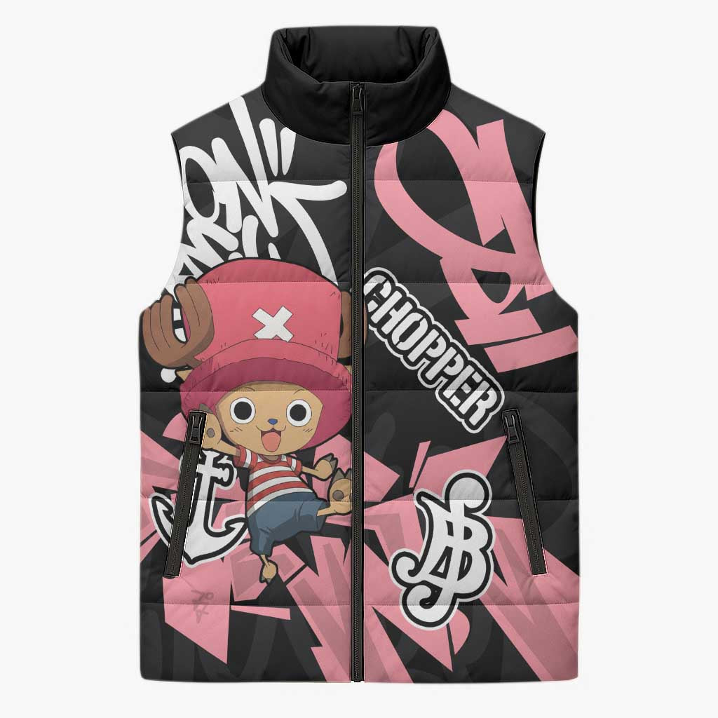 Tony Tony Chopper One Piece Sleeveless Puffer Jacket Graffiti Street Art Anime Collage