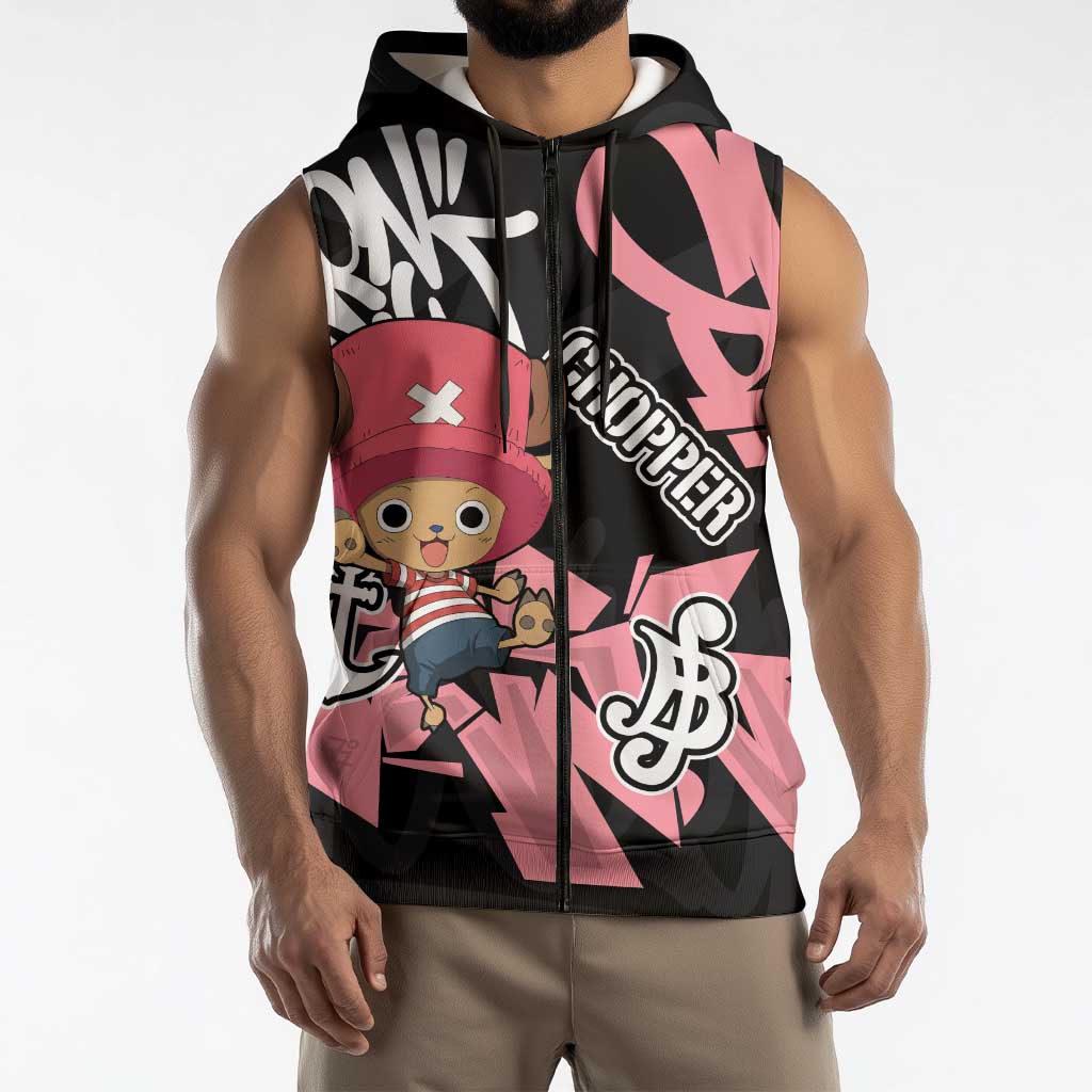 Tony Tony Chopper One Piece Sleeveless Zip Hoodie Graffiti Street Art Anime Collage