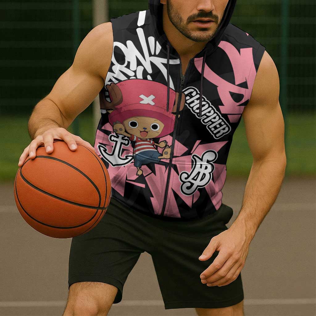 Tony Tony Chopper One Piece Sleeveless Zip Hoodie Graffiti Street Art Anime Collage