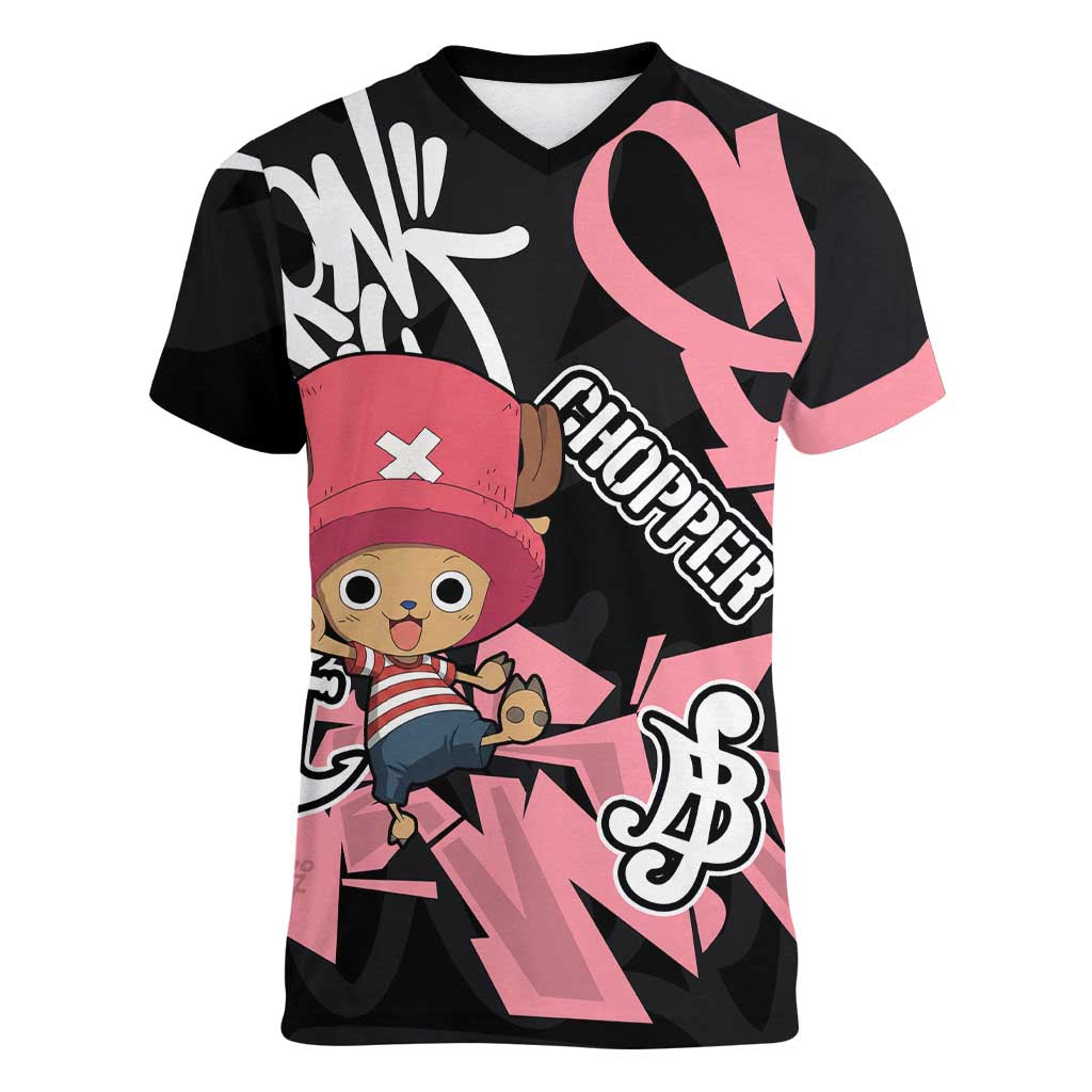 Tony Tony Chopper One Piece Women V-Neck T-Shirt Graffiti Street Art Anime Collage