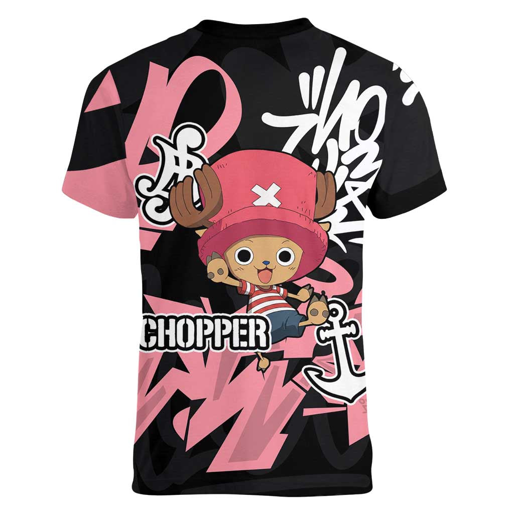 Tony Tony Chopper One Piece Women V-Neck T-Shirt Graffiti Street Art Anime Collage