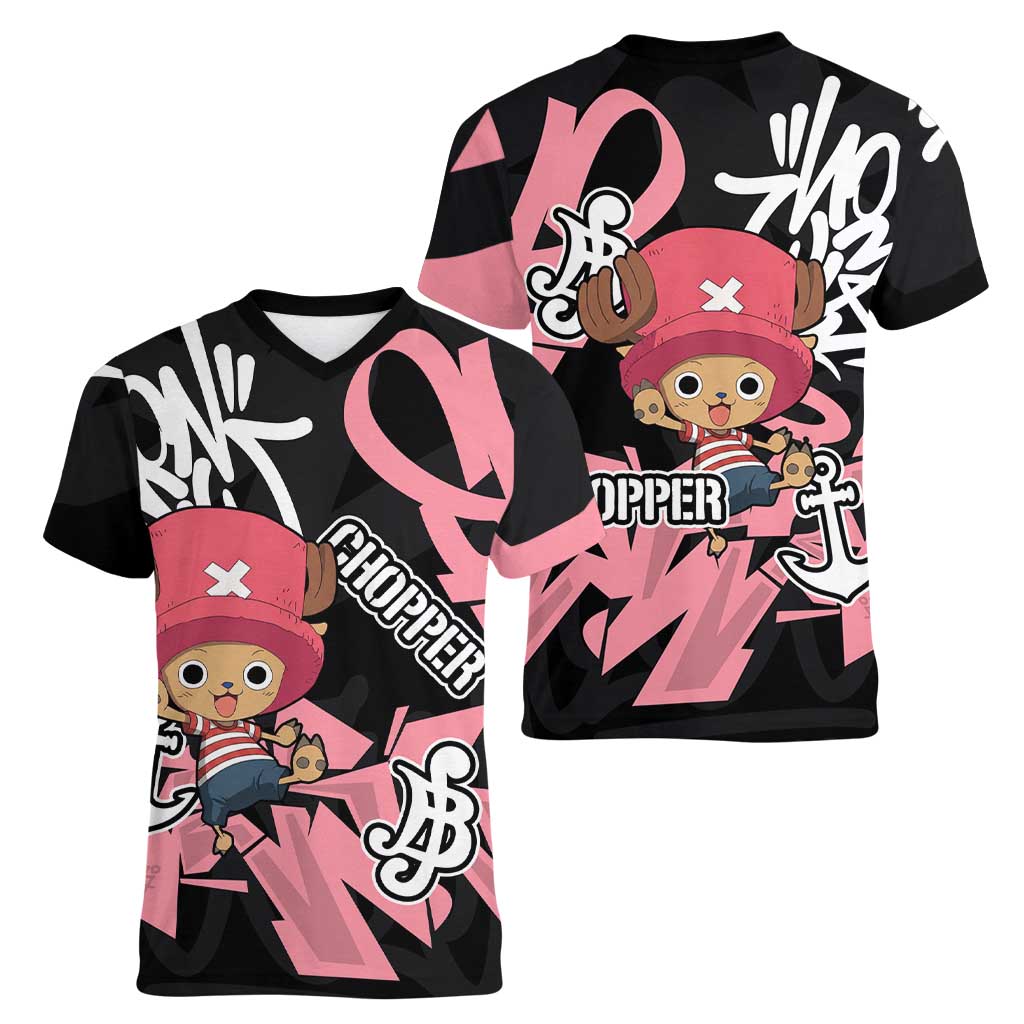 Tony Tony Chopper One Piece Women V-Neck T-Shirt Graffiti Street Art Anime Collage