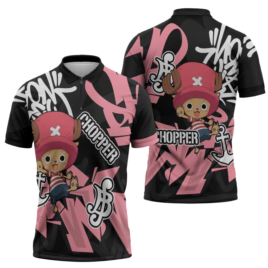 Tony Tony Chopper One Piece Zipper Polo Shirt Graffiti Street Art Anime Collage