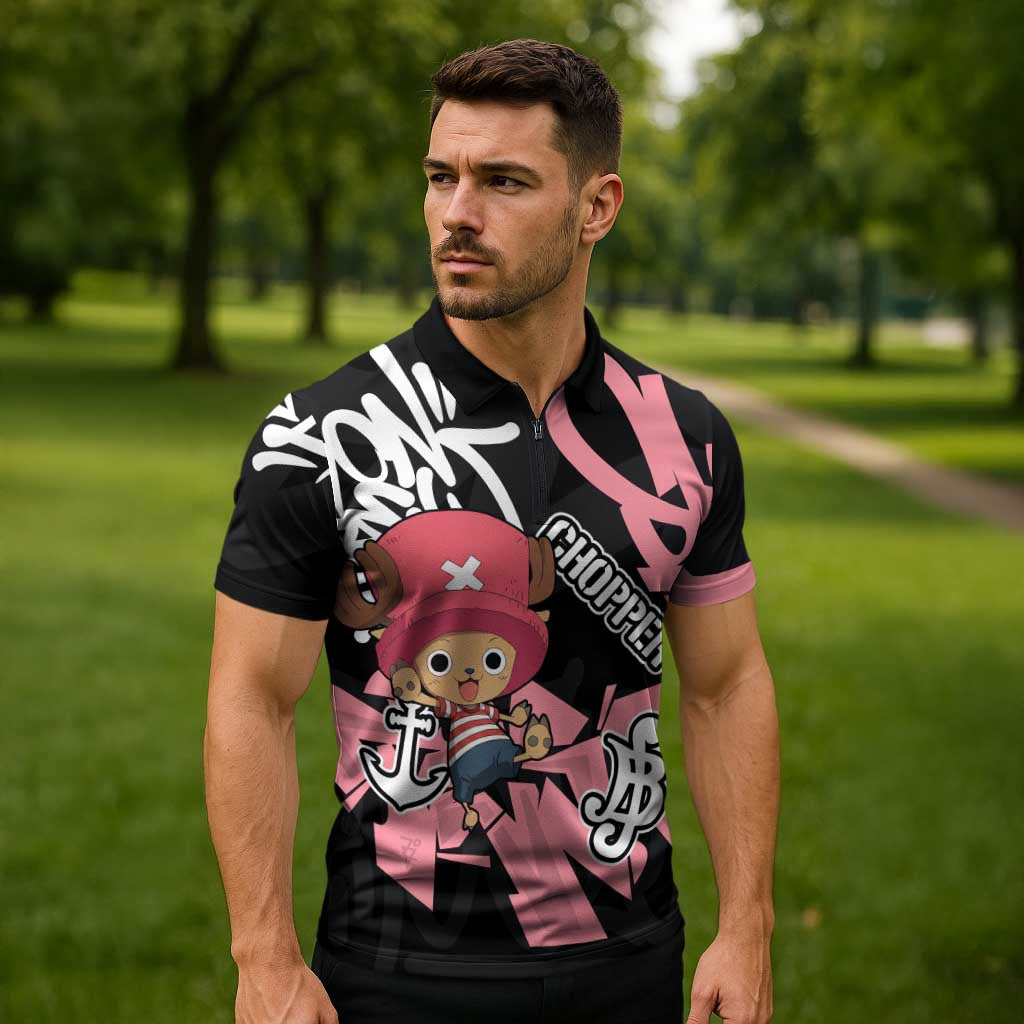 Tony Tony Chopper One Piece Zipper Polo Shirt Graffiti Street Art Anime Collage