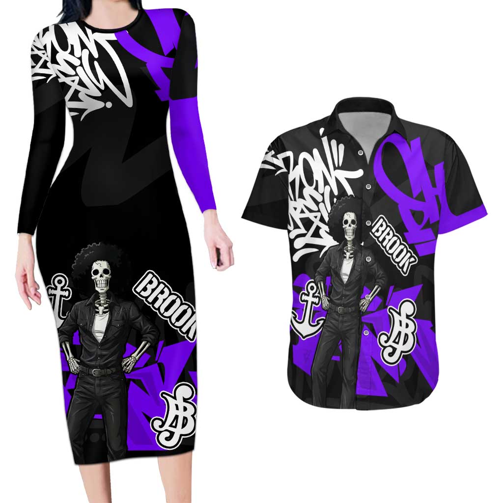 Brook One Piece Couples Matching Long Sleeve Bodycon Dress and Hawaiian Shirt Graffiti Street Art Anime Collage