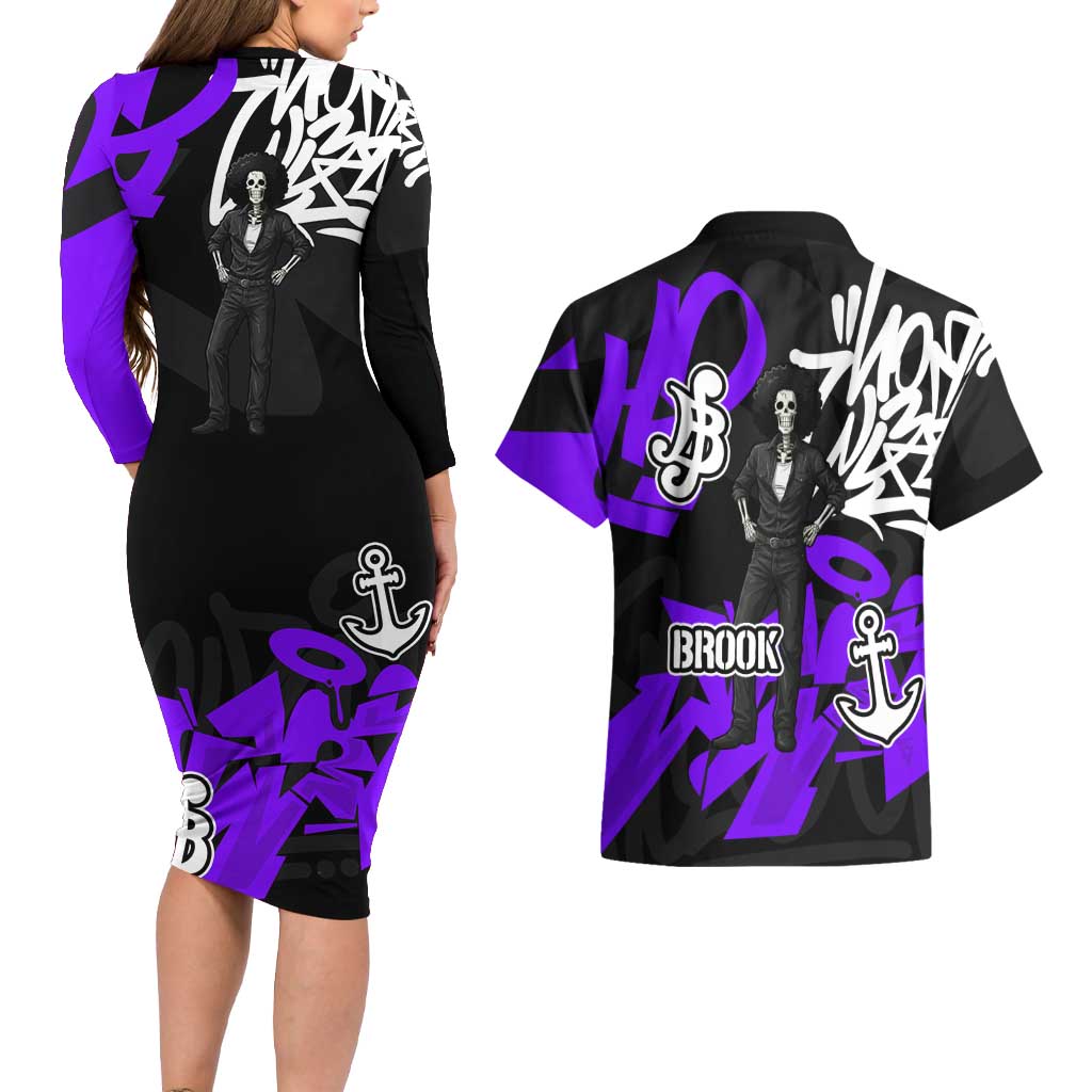 Brook One Piece Couples Matching Long Sleeve Bodycon Dress and Hawaiian Shirt Graffiti Street Art Anime Collage