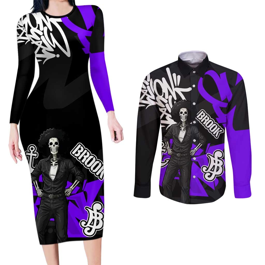 Brook One Piece Couples Matching Long Sleeve Bodycon Dress and Long Sleeve Button Shirt Graffiti Street Art Anime Collage