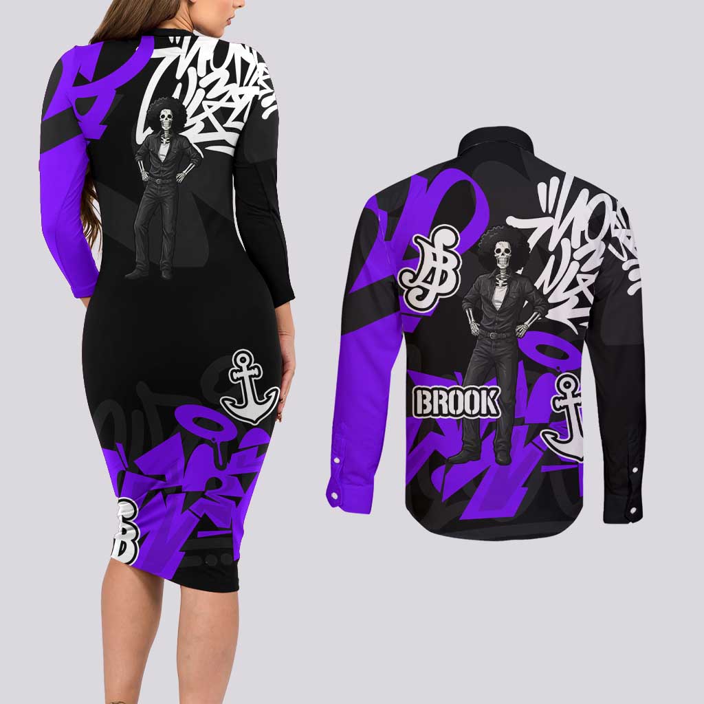 Brook One Piece Couples Matching Long Sleeve Bodycon Dress and Long Sleeve Button Shirt Graffiti Street Art Anime Collage