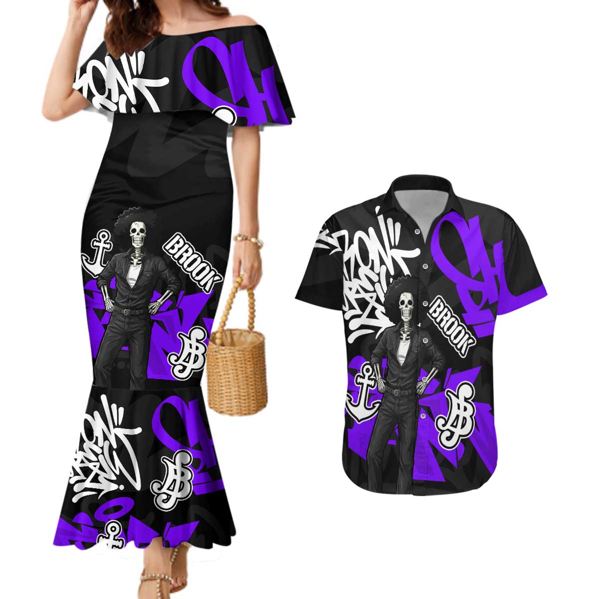 Brook One Piece Couples Matching Mermaid Dress and Hawaiian Shirt Graffiti Street Art Anime Collage