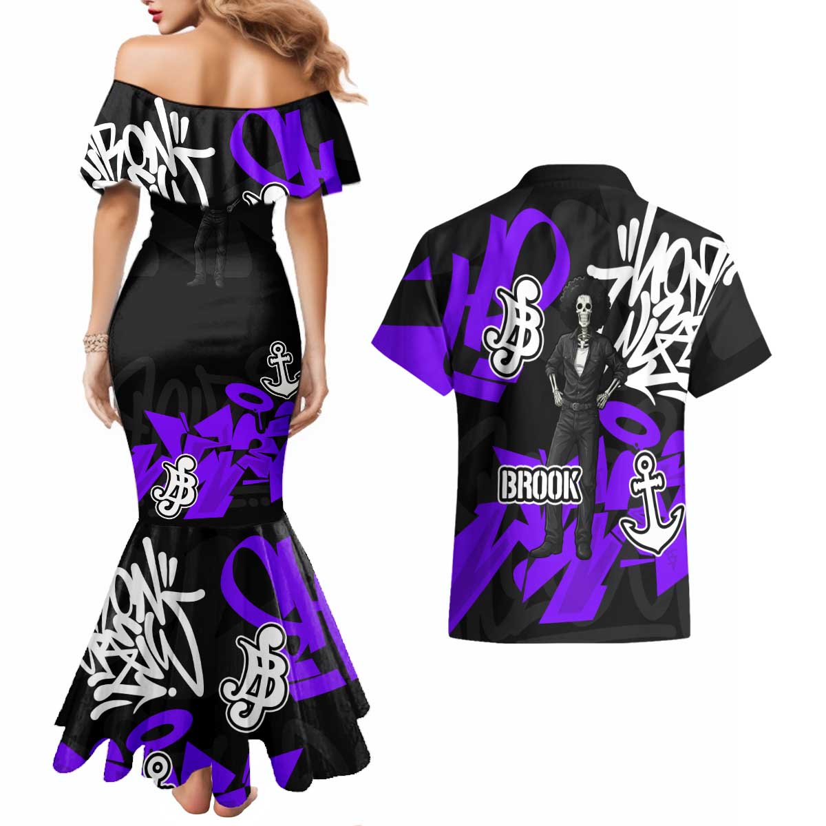 Brook One Piece Couples Matching Mermaid Dress and Hawaiian Shirt Graffiti Street Art Anime Collage