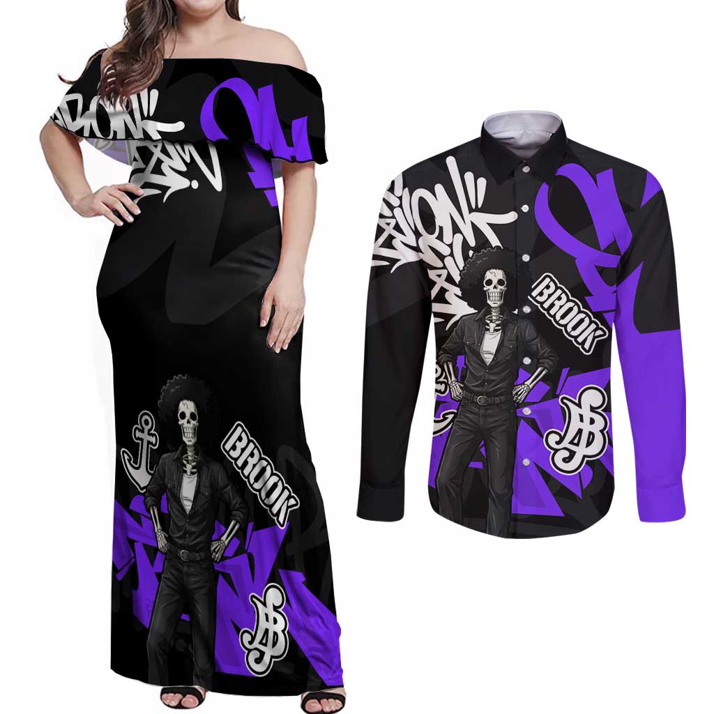 Brook One Piece Couples Matching Off Shoulder Maxi Dress and Long Sleeve Button Shirt Graffiti Street Art Anime Collage
