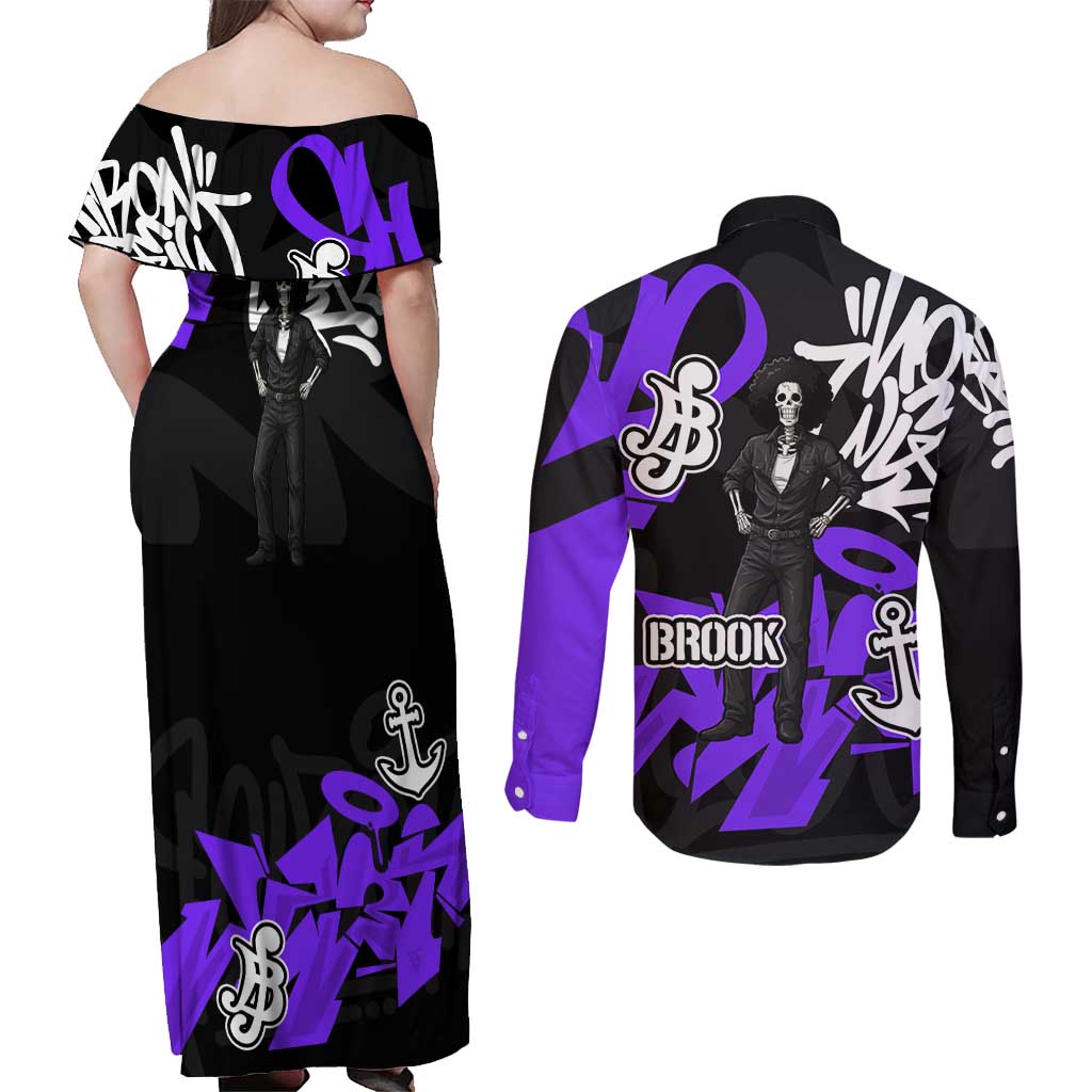 Brook One Piece Couples Matching Off Shoulder Maxi Dress and Long Sleeve Button Shirt Graffiti Street Art Anime Collage