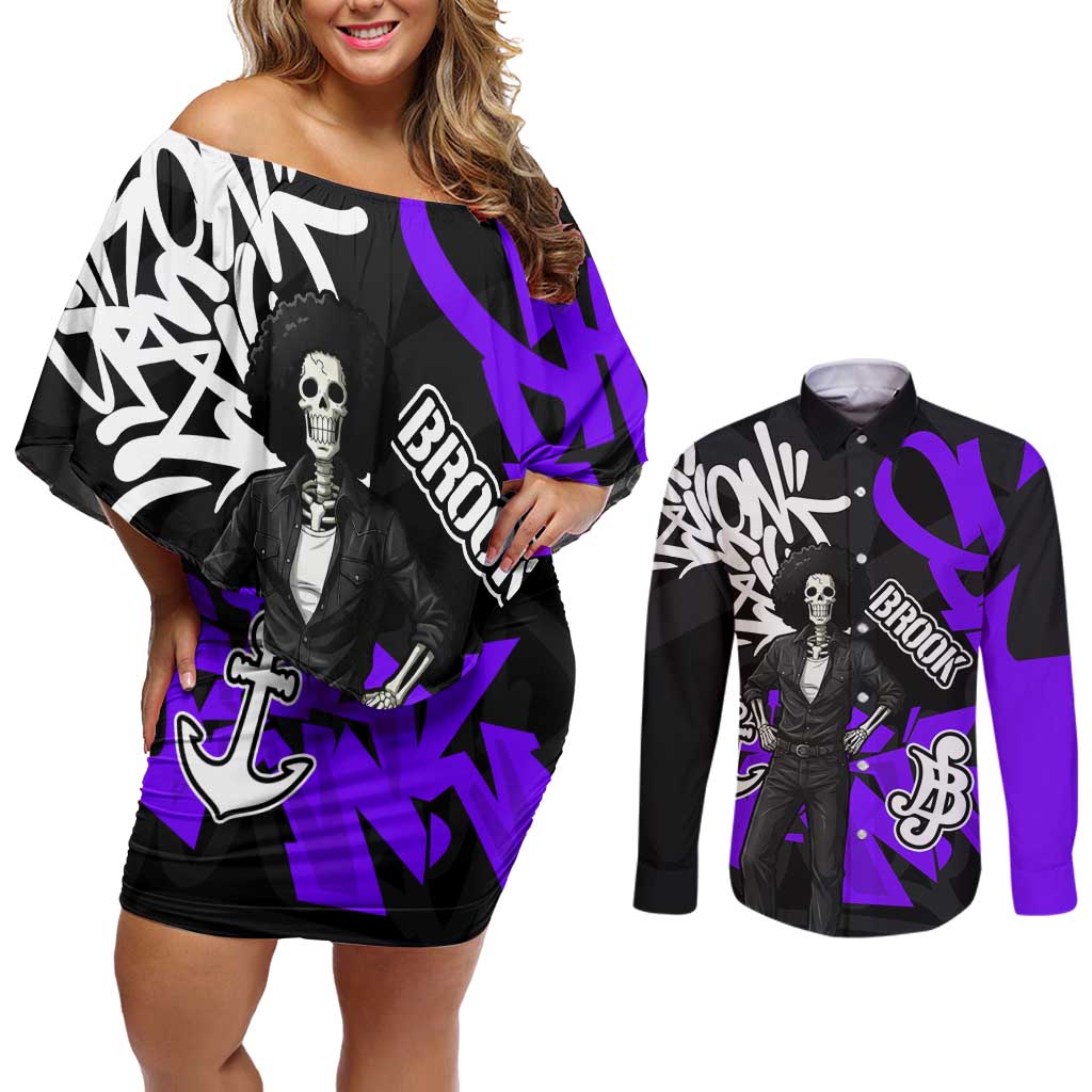 Brook One Piece Couples Matching Off Shoulder Short Dress and Long Sleeve Button Shirt Graffiti Street Art Anime Collage