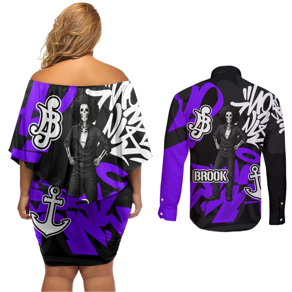 Brook One Piece Couples Matching Off Shoulder Short Dress and Long Sleeve Button Shirt Graffiti Street Art Anime Collage