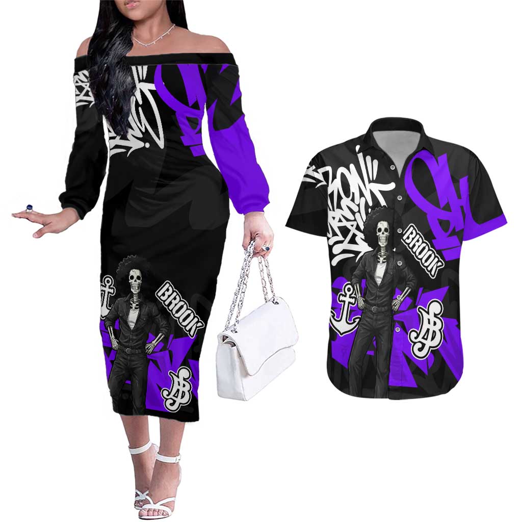 Brook One Piece Couples Matching Off The Shoulder Long Sleeve Dress and Hawaiian Shirt Graffiti Street Art Anime Collage