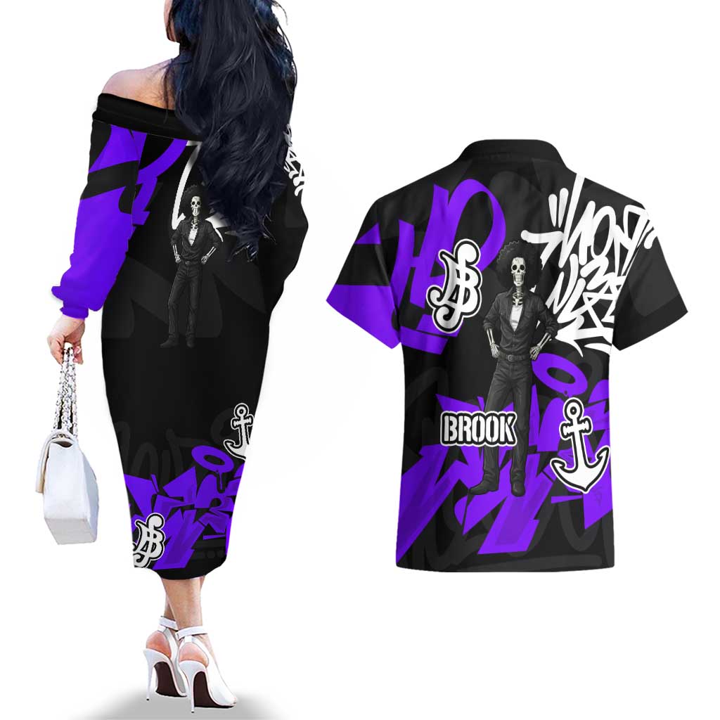 Brook One Piece Couples Matching Off The Shoulder Long Sleeve Dress and Hawaiian Shirt Graffiti Street Art Anime Collage