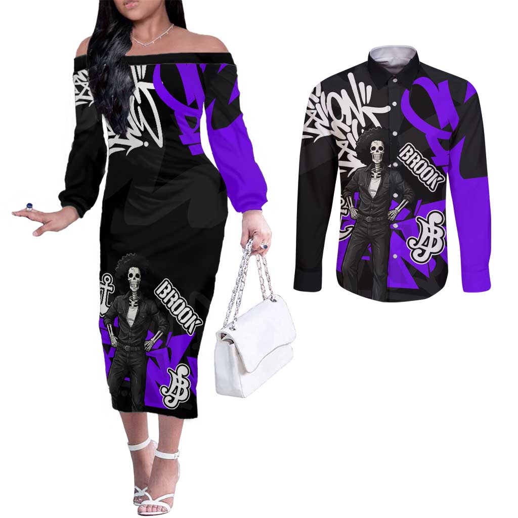 Brook One Piece Couples Matching Off The Shoulder Long Sleeve Dress and Long Sleeve Button Shirt Graffiti Street Art Anime Collage