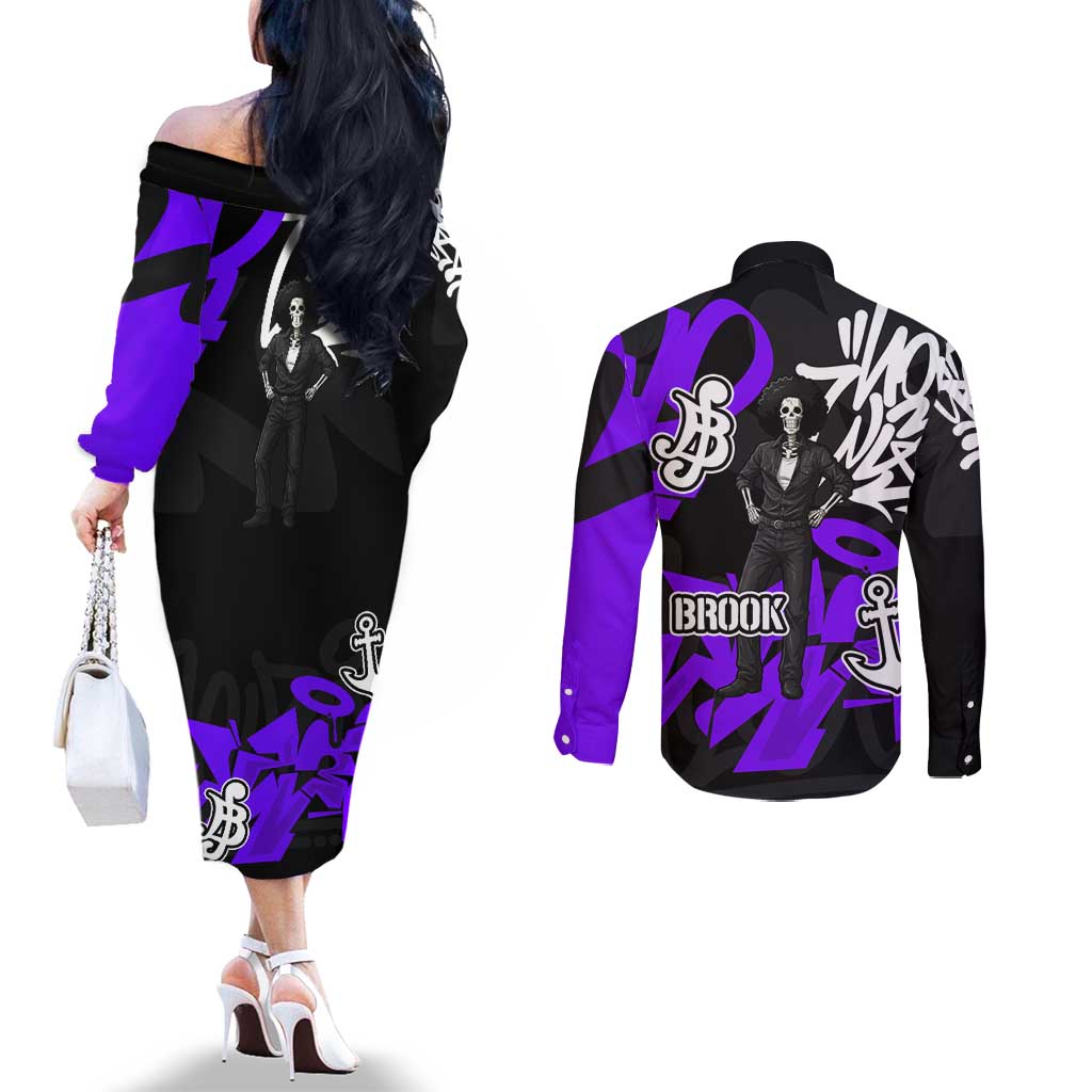 Brook One Piece Couples Matching Off The Shoulder Long Sleeve Dress and Long Sleeve Button Shirt Graffiti Street Art Anime Collage