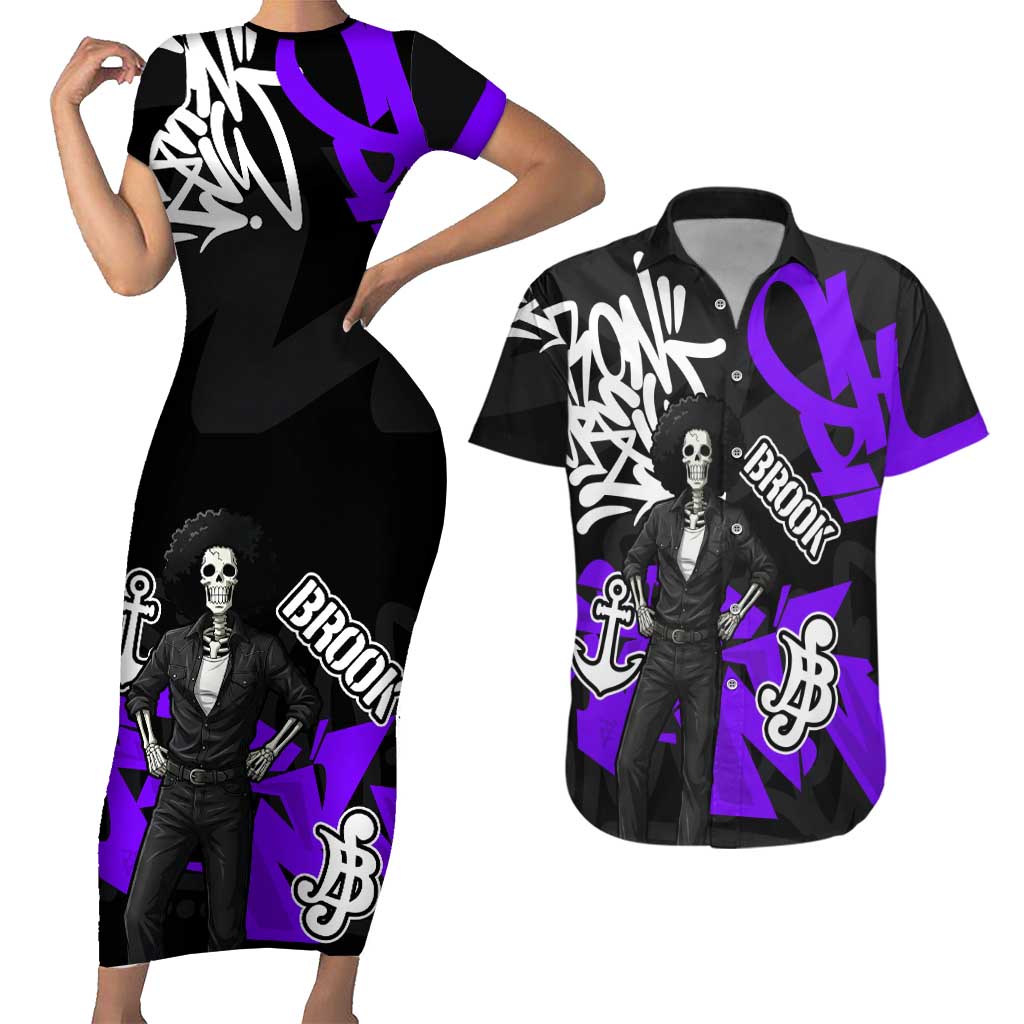 Brook One Piece Couples Matching Short Sleeve Bodycon Dress and Hawaiian Shirt Graffiti Street Art Anime Collage