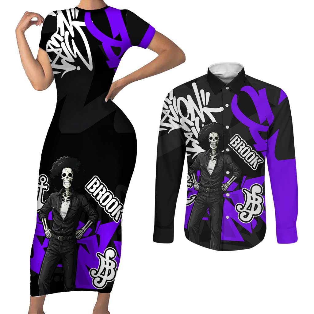 Brook One Piece Couples Matching Short Sleeve Bodycon Dress and Long Sleeve Button Shirt Graffiti Street Art Anime Collage