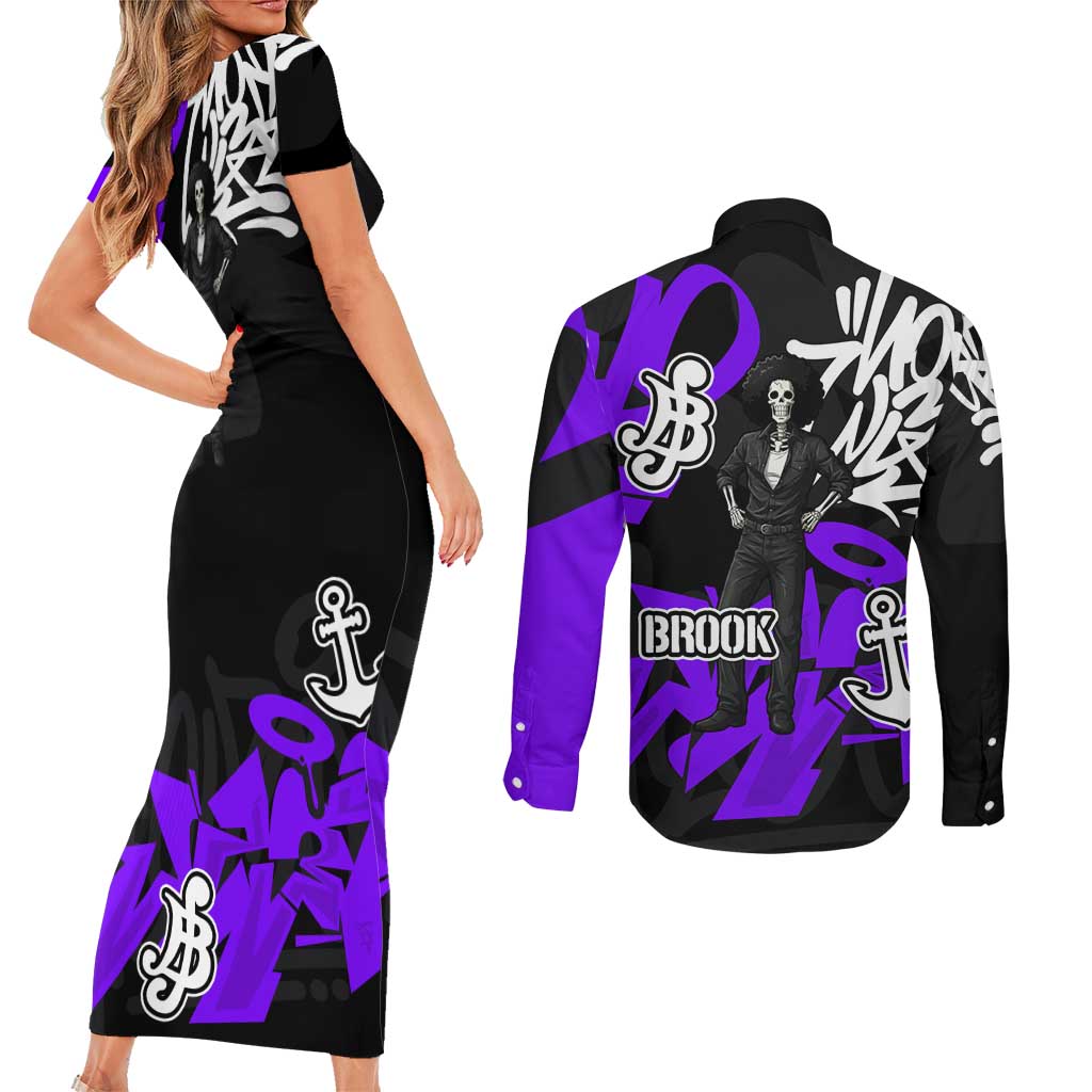 Brook One Piece Couples Matching Short Sleeve Bodycon Dress and Long Sleeve Button Shirt Graffiti Street Art Anime Collage
