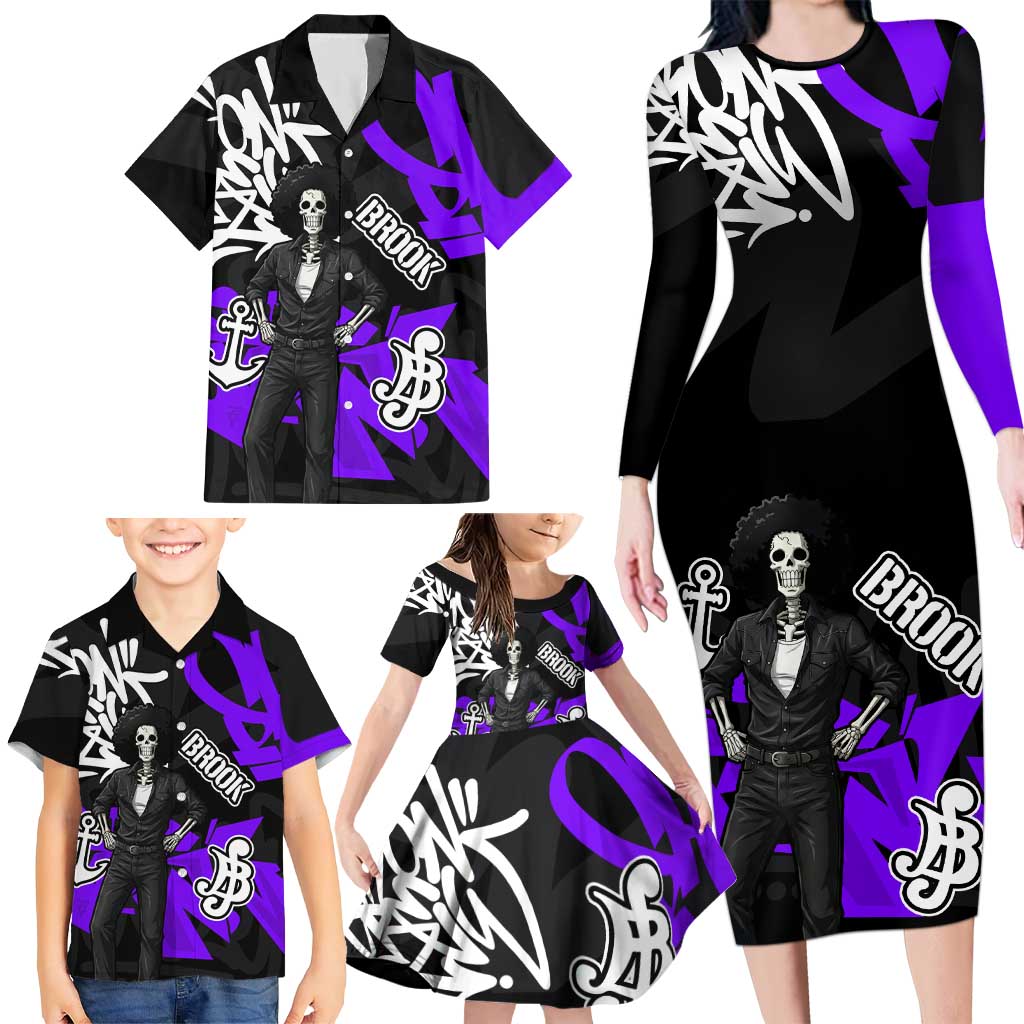 Brook One Piece Family Matching Long Sleeve Bodycon Dress and Hawaiian Shirt Graffiti Street Art Anime Collage