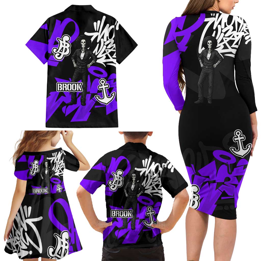 Brook One Piece Family Matching Long Sleeve Bodycon Dress and Hawaiian Shirt Graffiti Street Art Anime Collage