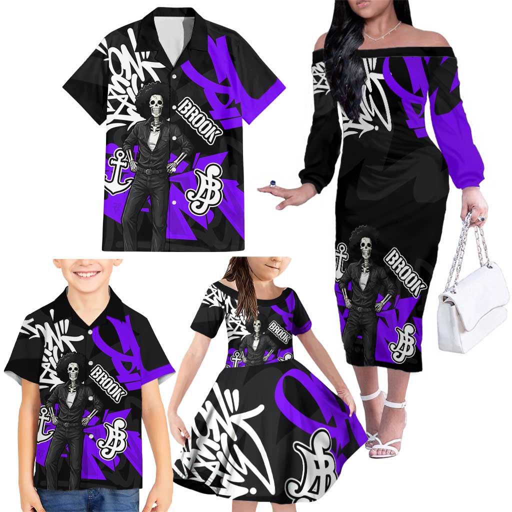 Brook One Piece Family Matching Off The Shoulder Long Sleeve Dress and Hawaiian Shirt Graffiti Street Art Anime Collage
