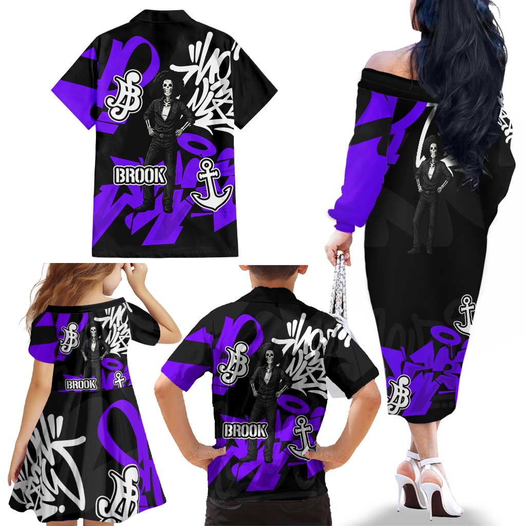 Brook One Piece Family Matching Off The Shoulder Long Sleeve Dress and Hawaiian Shirt Graffiti Street Art Anime Collage