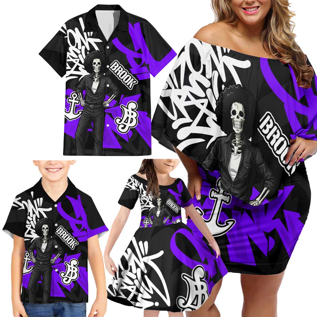 Brook One Piece Family Matching Off Shoulder Short Dress and Hawaiian Shirt Graffiti Street Art Anime Collage