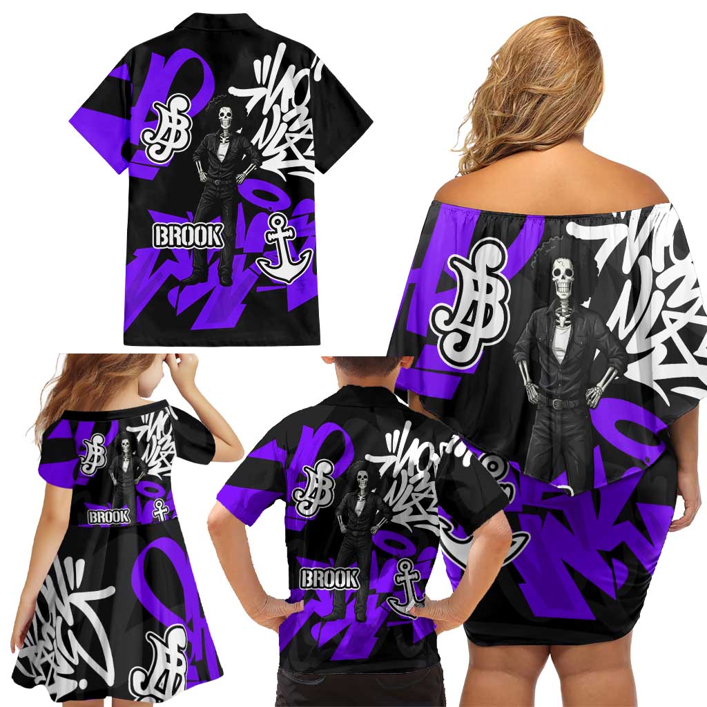 Brook One Piece Family Matching Off Shoulder Short Dress and Hawaiian Shirt Graffiti Street Art Anime Collage