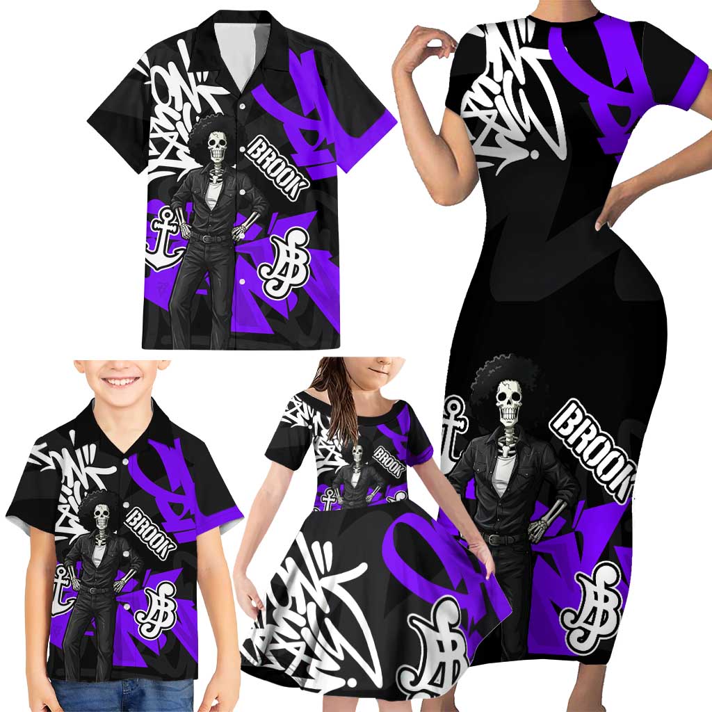 Brook One Piece Family Matching Short Sleeve Bodycon Dress and Hawaiian Shirt Graffiti Street Art Anime Collage