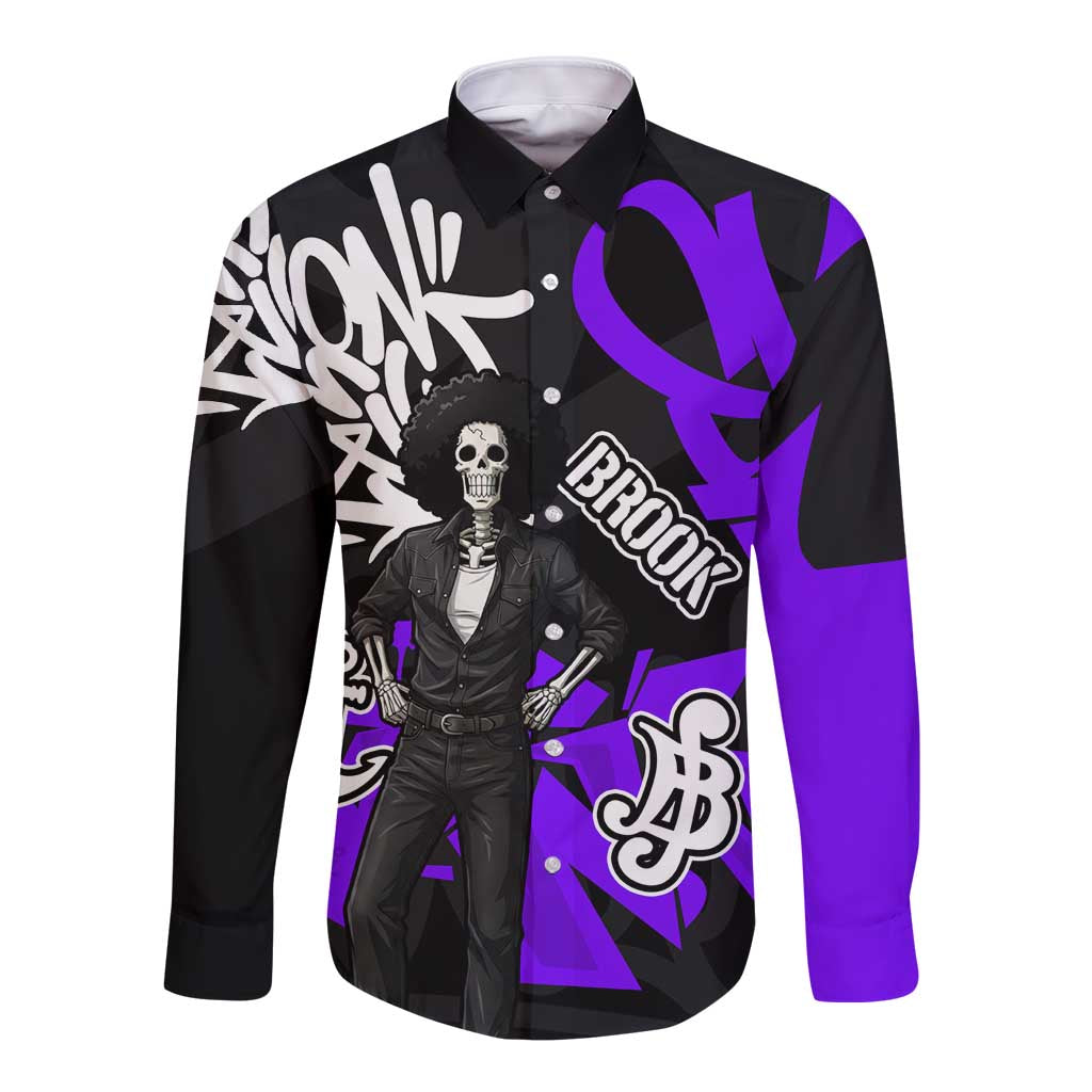 Brook One Piece Long Sleeve Button Shirt Graffiti Street Art Anime Collage
