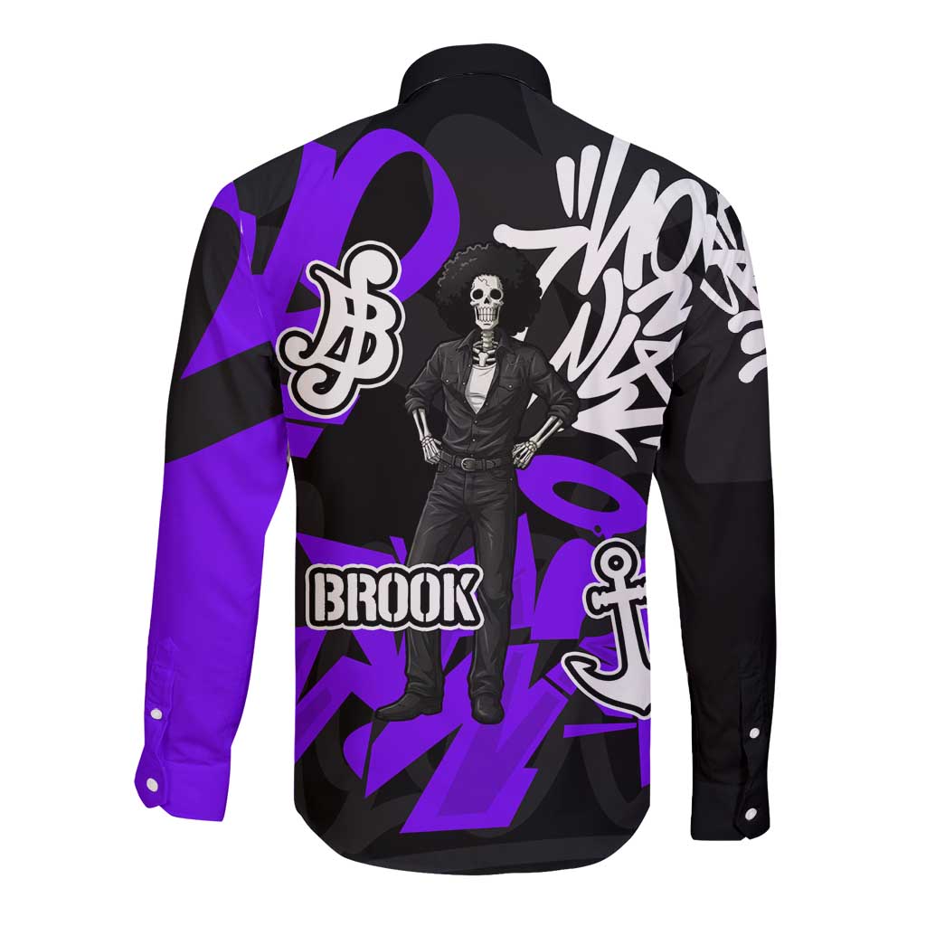 Brook One Piece Long Sleeve Button Shirt Graffiti Street Art Anime Collage