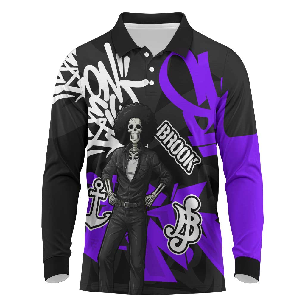 Brook One Piece Long Sleeve Polo Shirt Graffiti Street Art Anime Collage