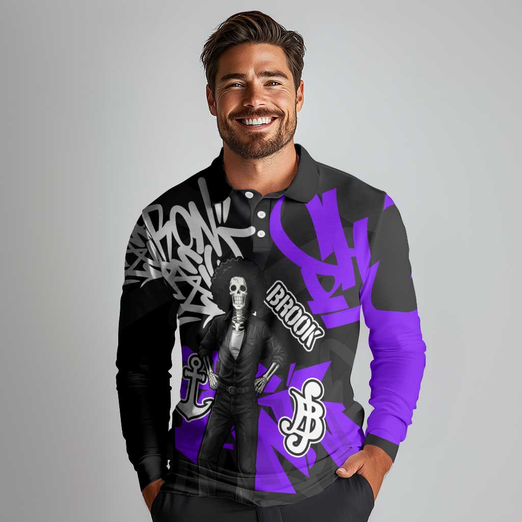 Brook One Piece Long Sleeve Polo Shirt Graffiti Street Art Anime Collage