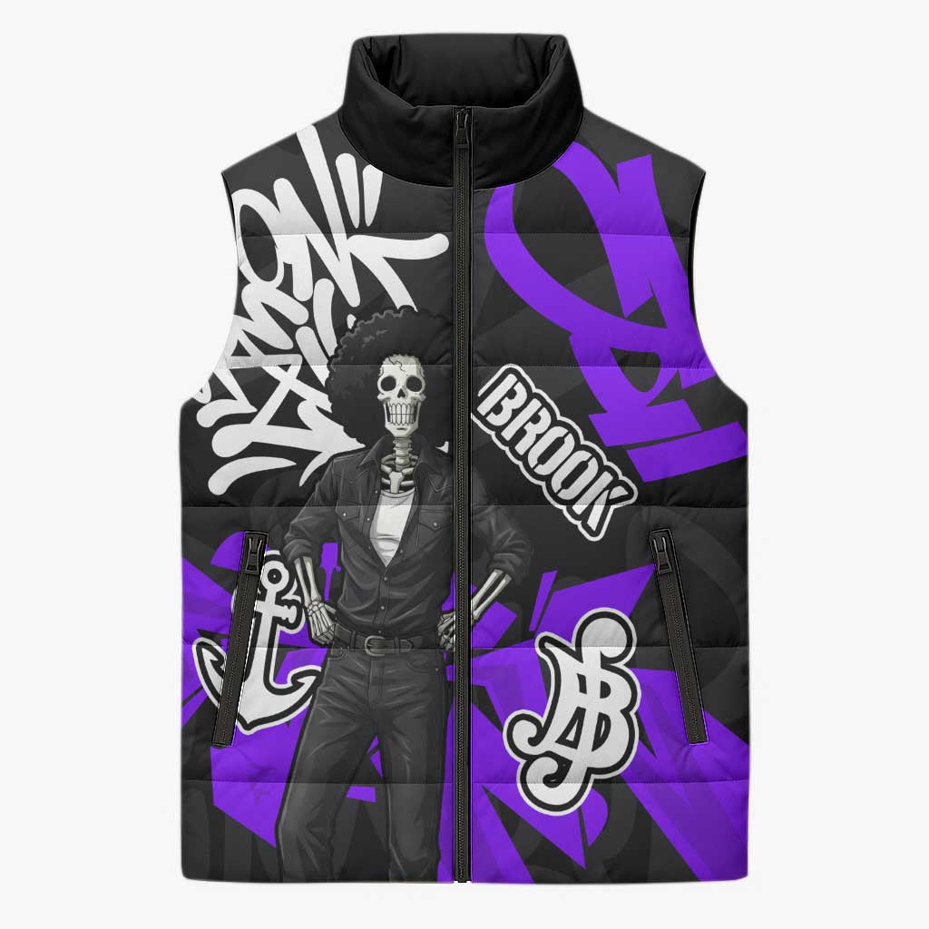 Brook One Piece Sleeveless Puffer Jacket Graffiti Street Art Anime Collage