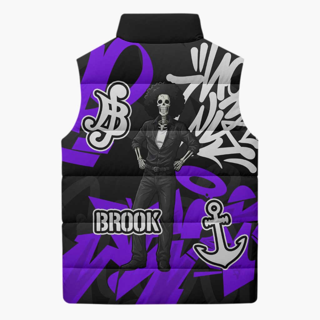 Brook One Piece Sleeveless Puffer Jacket Graffiti Street Art Anime Collage