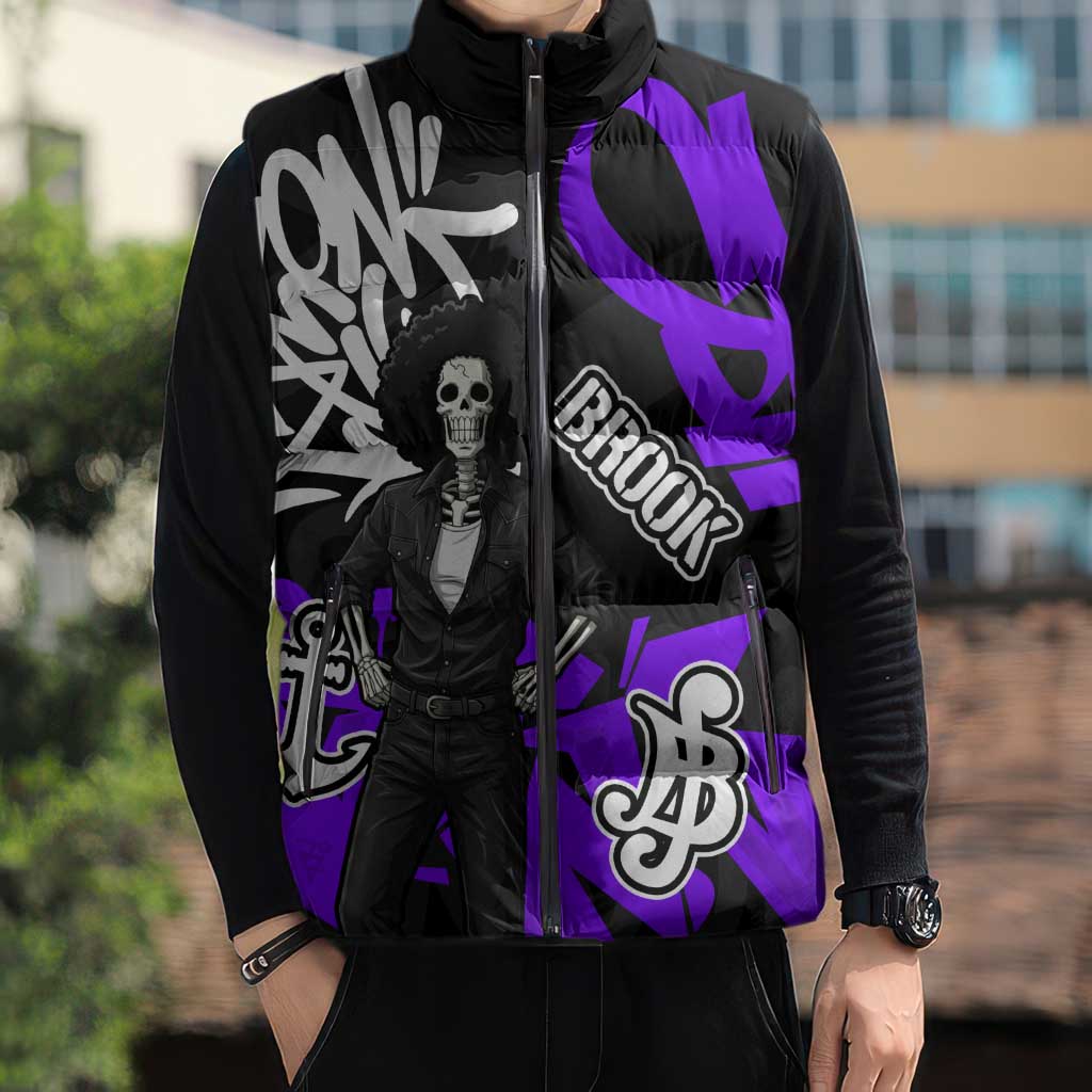 Brook One Piece Sleeveless Puffer Jacket Graffiti Street Art Anime Collage