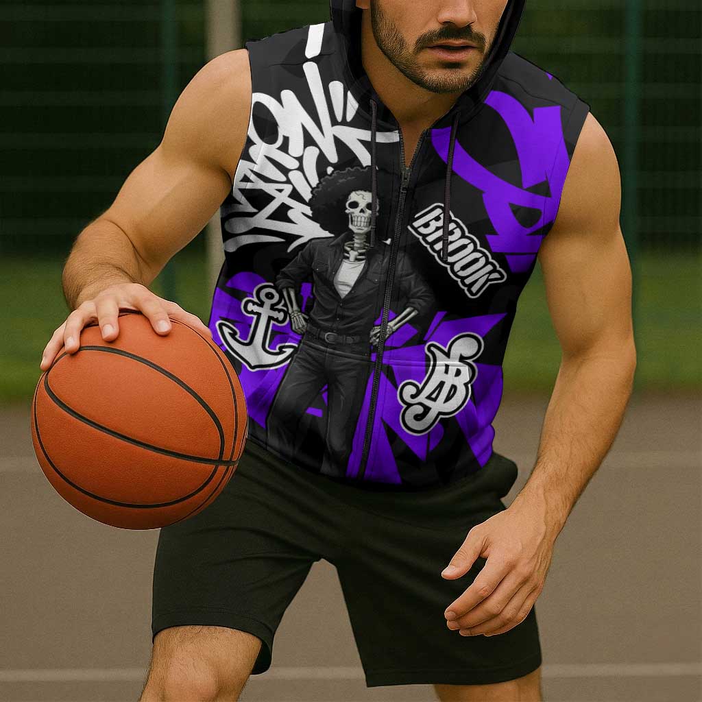 Brook One Piece Sleeveless Zip Hoodie Graffiti Street Art Anime Collage
